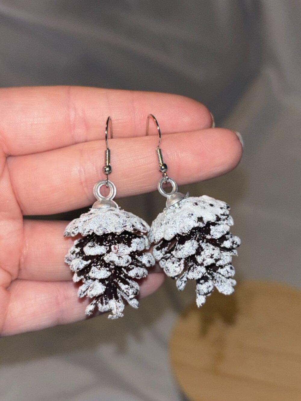 Snowy Pinecone Dangle Earrings Winter Christmas Woodland Nature Jewelry
